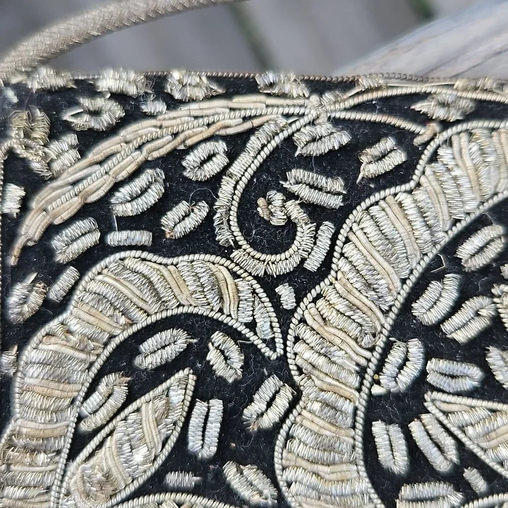 Vintage Black Velvet Clutch with Gold Metal Wire Coilwork Embroidery